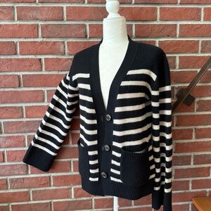 •Lisa Yang Daphne Cashmere Cardigan in Black & Sand Stripes Size 1=S/M